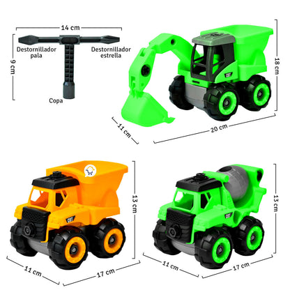 Set x3 construcción excavadora, volqueta y mezcladora